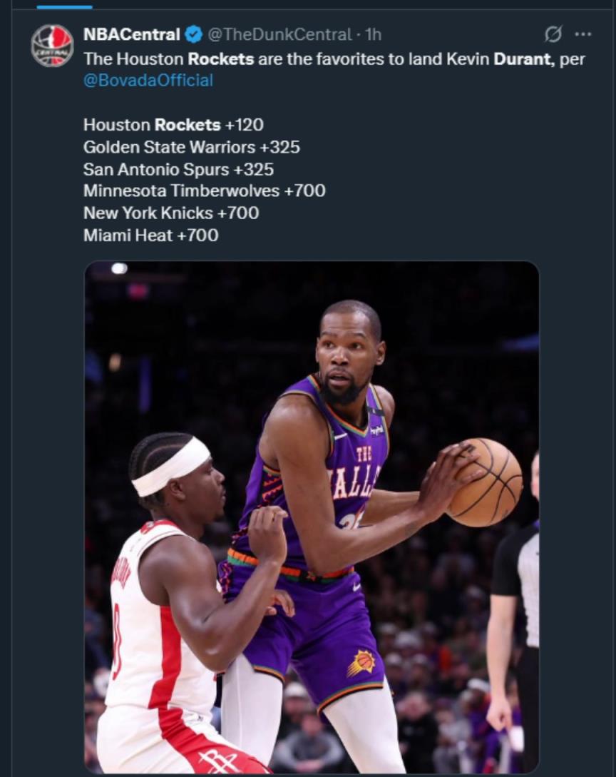 難道說？美媒曬杜蘭特下家賠率，火箭大幅度領(lǐng)跑！